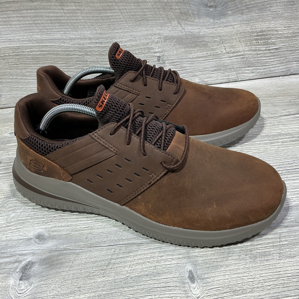 Skechers Delson 3.0 Ezra Sneaker Mens 11W Brown Leather Memory Foam Casual Shoes
